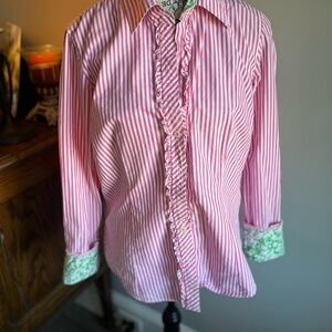 Lilly Pulitzer Pink and White Striped Shirt with Green Floral Accents